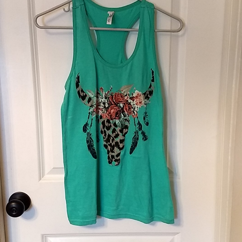 Teal Floral skull print tank top